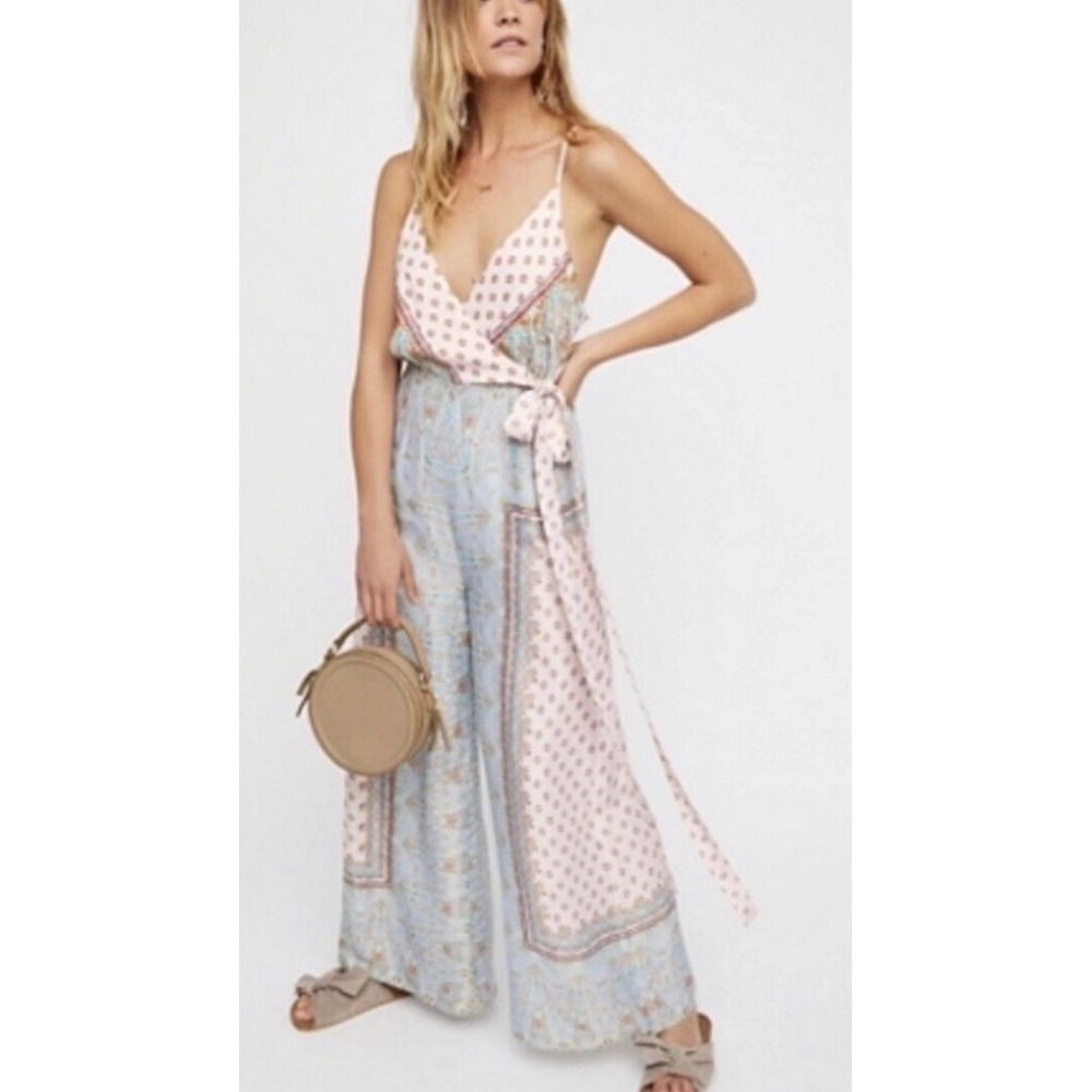Free People Cabbage Rose Scarf Wide Leg Pink Blue Paisley Jumpsuit Sz 0 Boho y2k